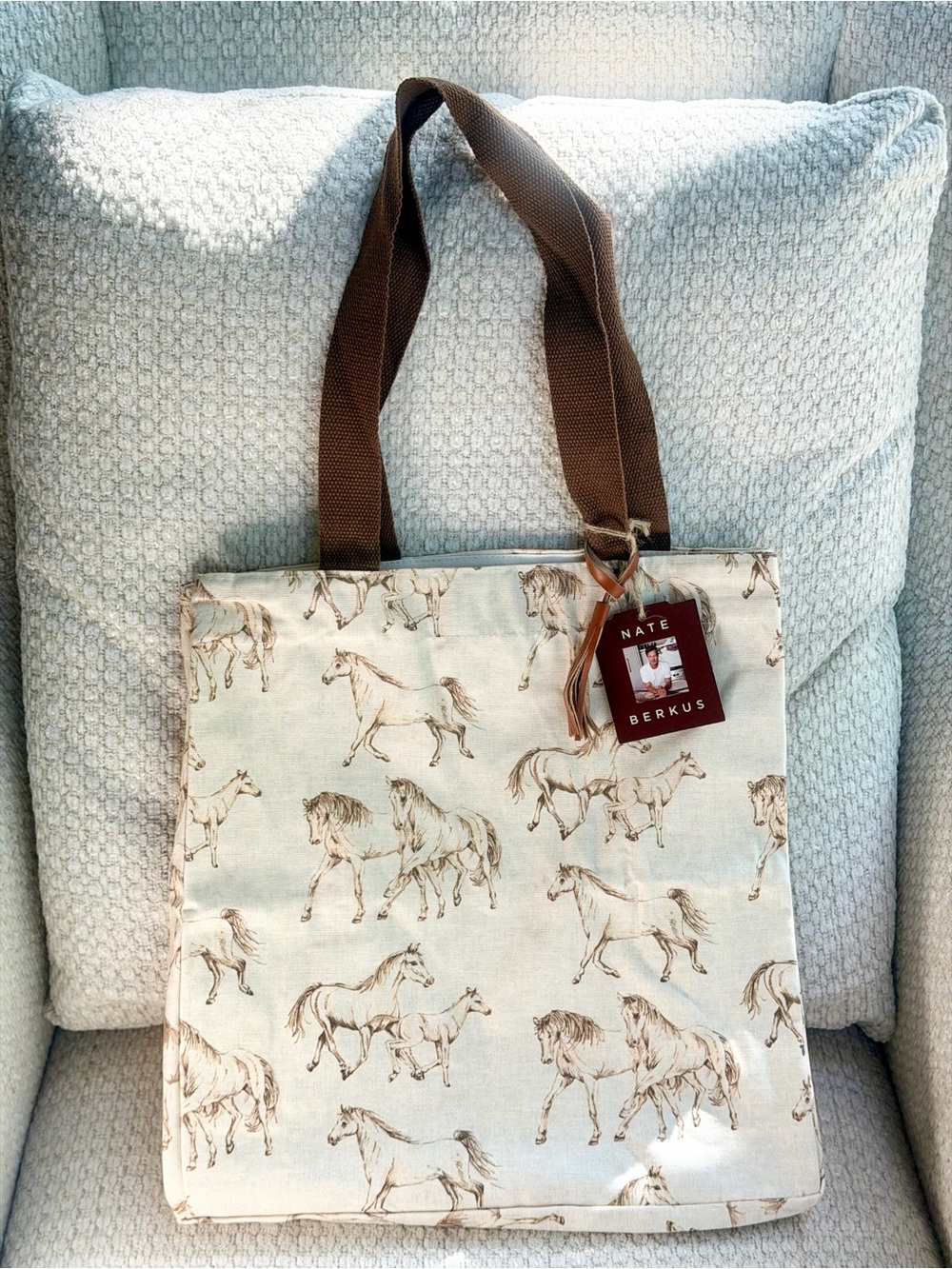 Nate Berkus Horse Print Canvas Tote Bag Cream Brown Equestrian Western Boho NWT